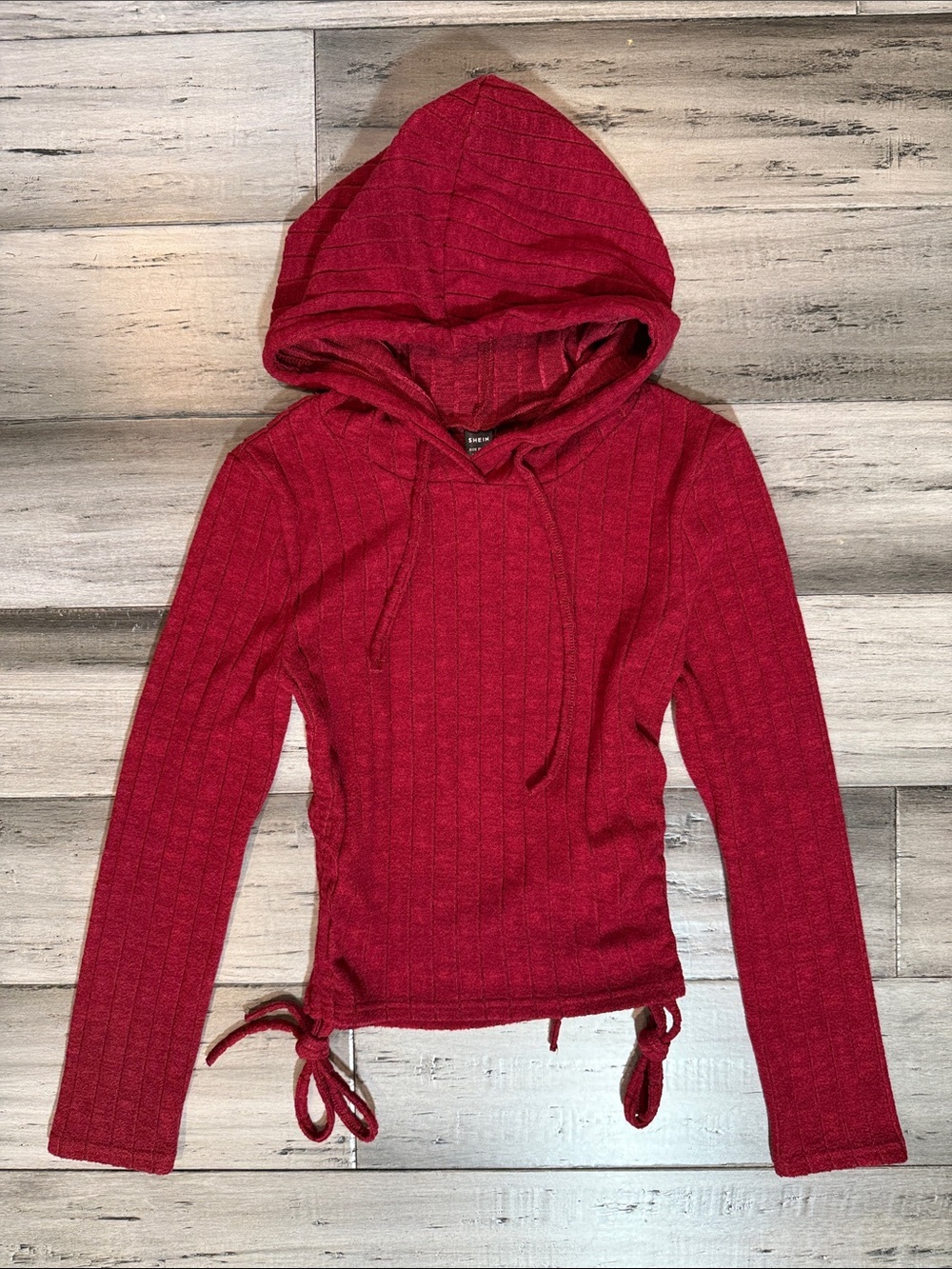 Women's Red Ribbed Hooded Long-Sleeve Top